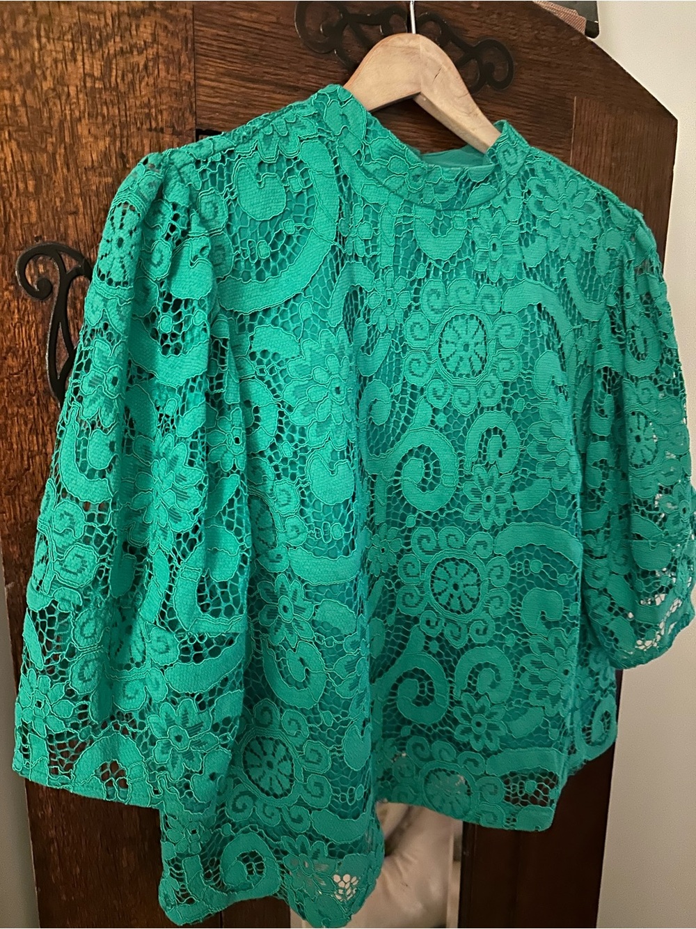 Nanette Lapore Green Crochet Lace Mock-Neck Blouse Elegant Holiday Evening Sz XL - Picture 2 of 6